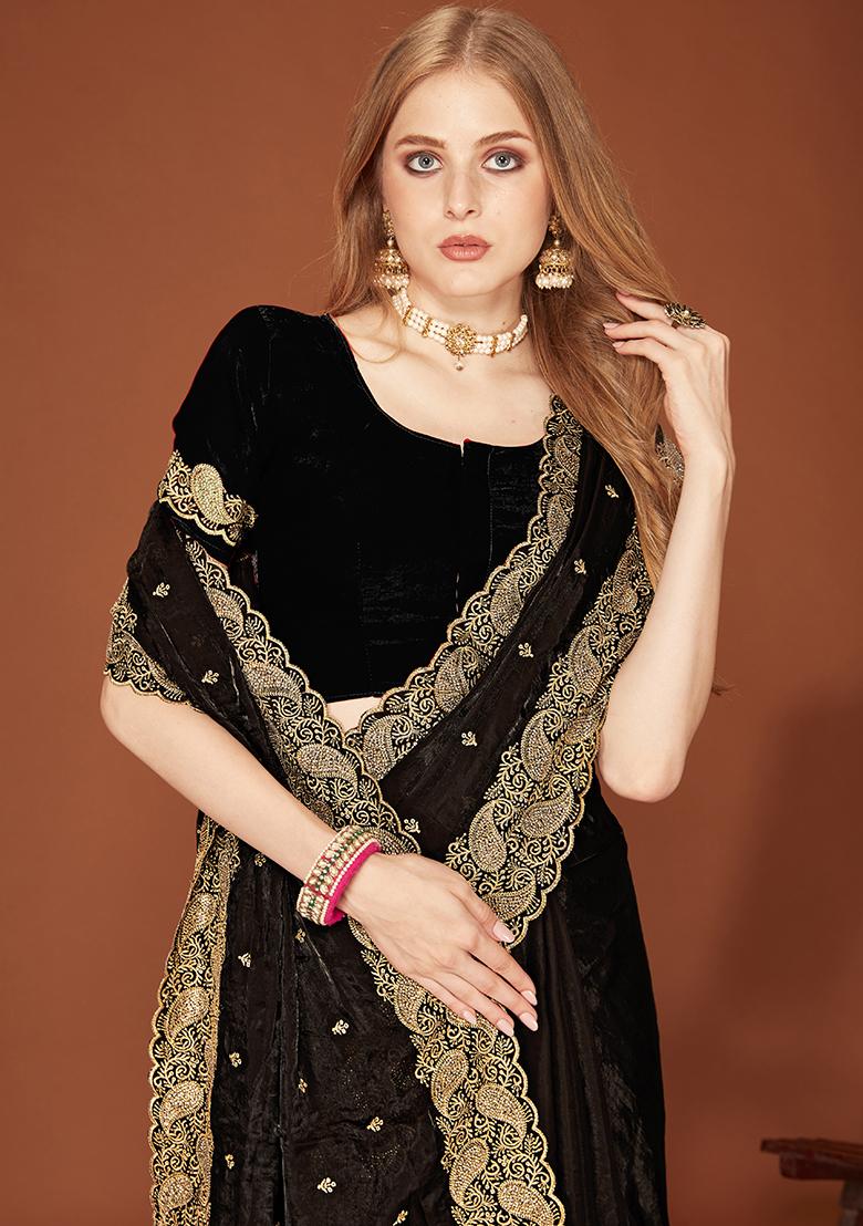 Black Embroidered Silk Saree Set - Indya