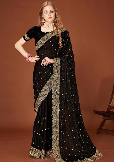 Black Embroidered Silk Saree Set