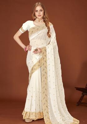 White Embroidered Silk Saree Set