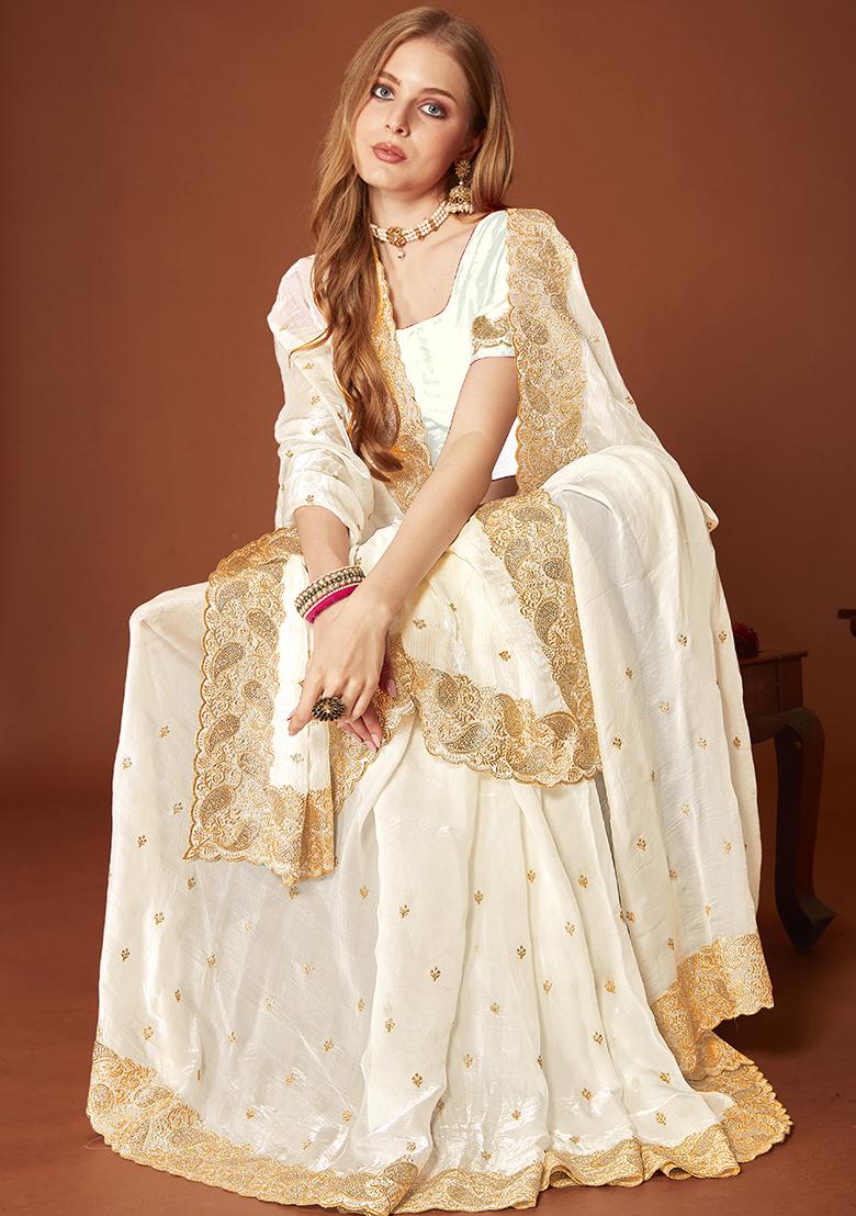 White Embroidered Silk Saree Set - Indya