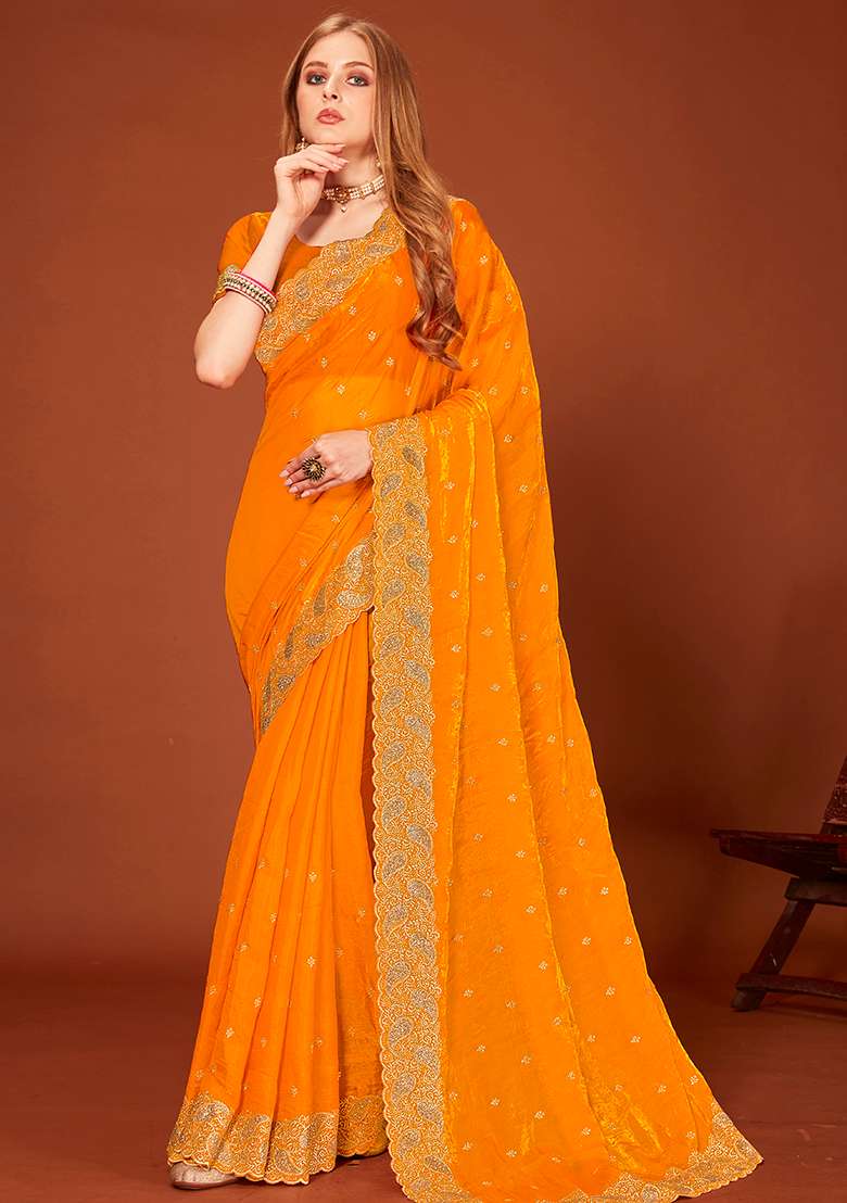Mustard Silk Blend Saree Set with Embroidered for Diwali | Wedding & Festive Wear - Indya
