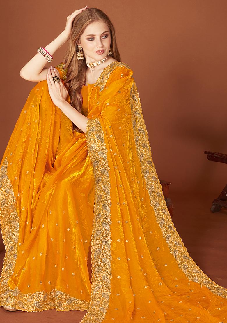 Mustard Embroidered Silk Saree Set - Indya