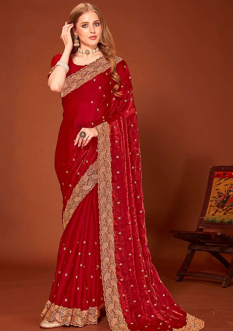 Maroon Embroidered Silk Blend Saree Set for Diwali and Festive Wear - Indya
