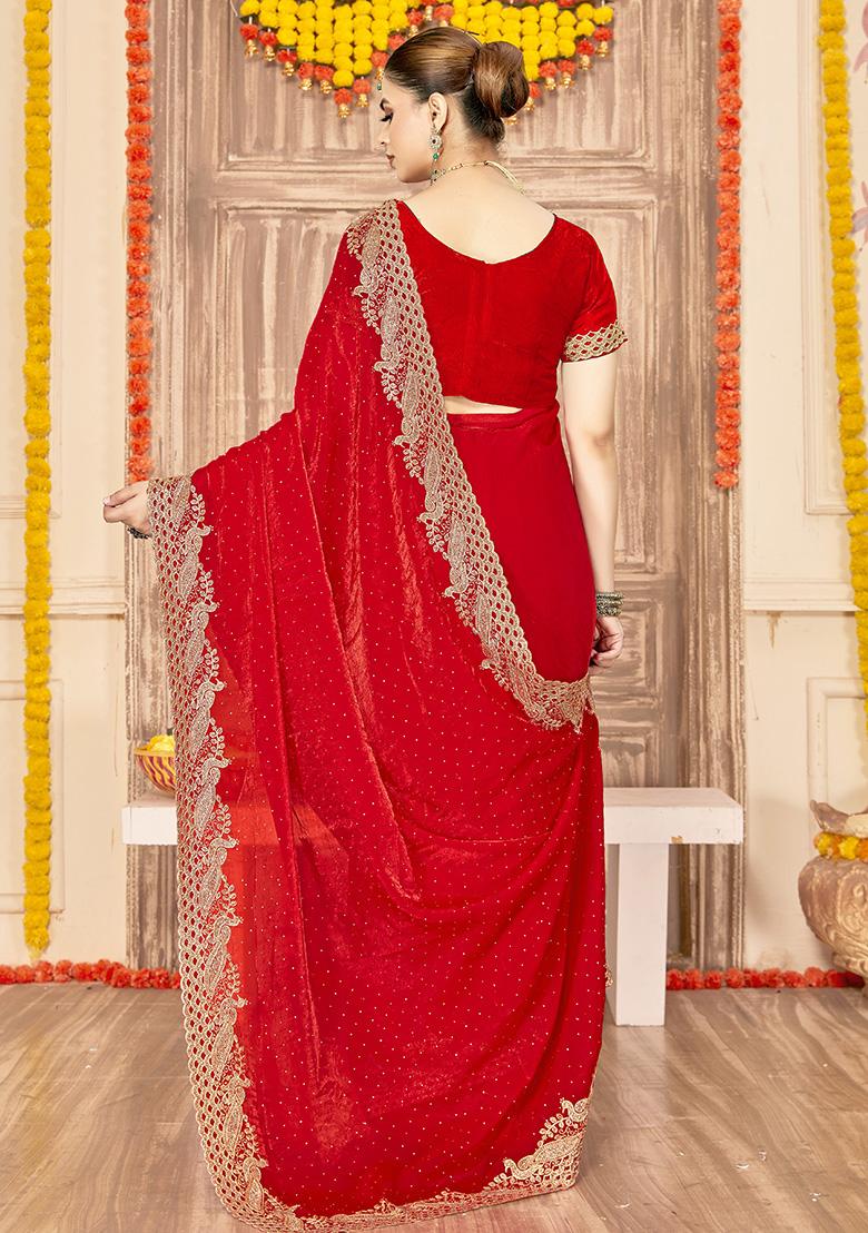 Red Embroidered Silk Saree Set - Indya