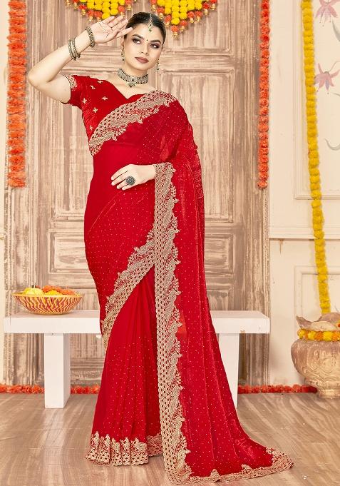 Red Embroidered Silk Saree Set
