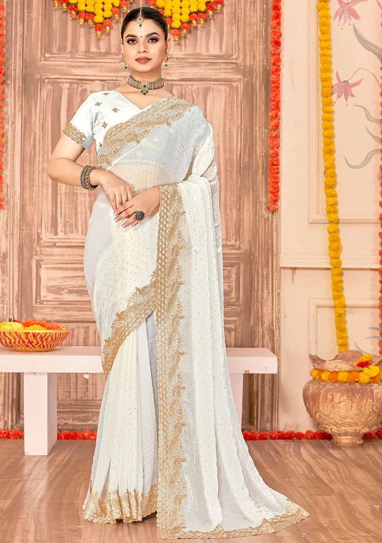White Silk Blend Saree Set with Embroidered for Diwali | Wedding & Festive Wear - Indya