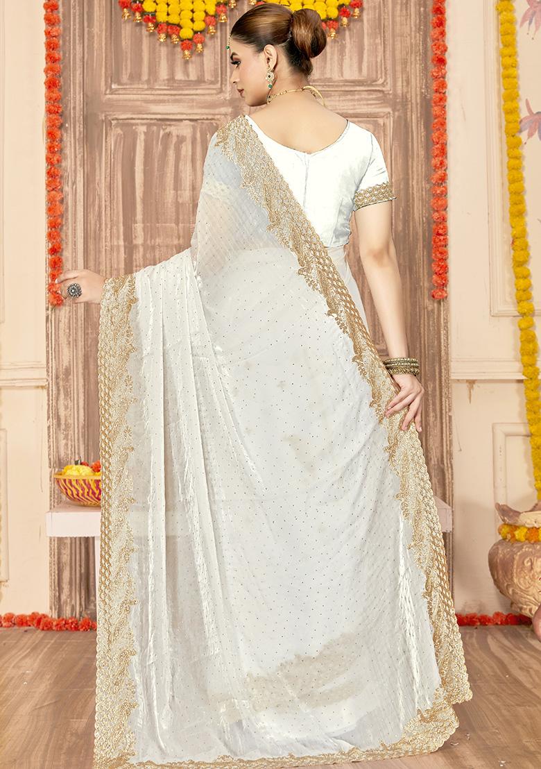 White Embroidered Silk Saree Set - Indya