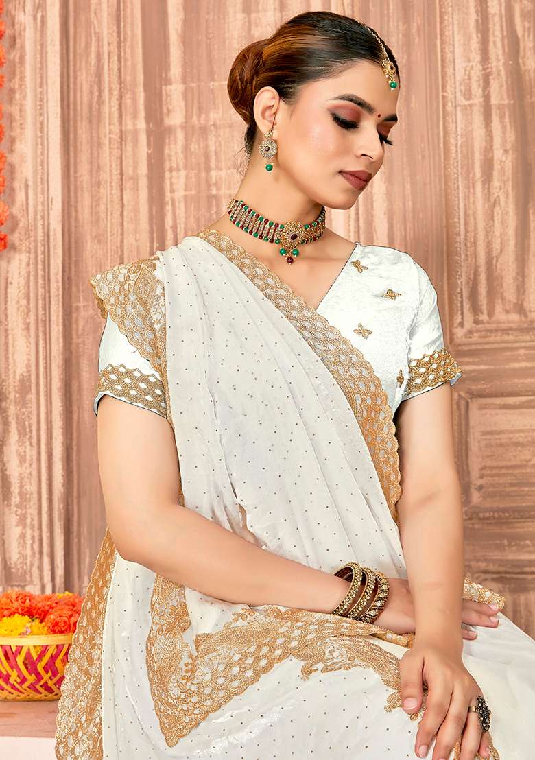 White Silk Blend Saree Set with Embroidered for Diwali | Wedding & Festive Wear - Indya
