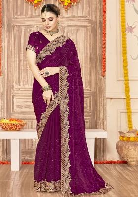 Wine Embroidered Silk Saree Set