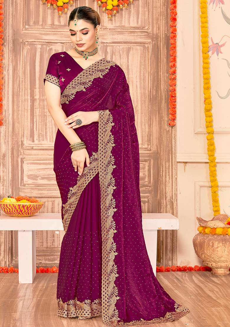 Wine Silk Blend Saree Set with Embroidered for Diwali | Wedding & Festive Wear - Indya