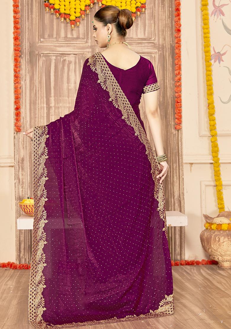 Wine Embroidered Silk Saree Set - Indya