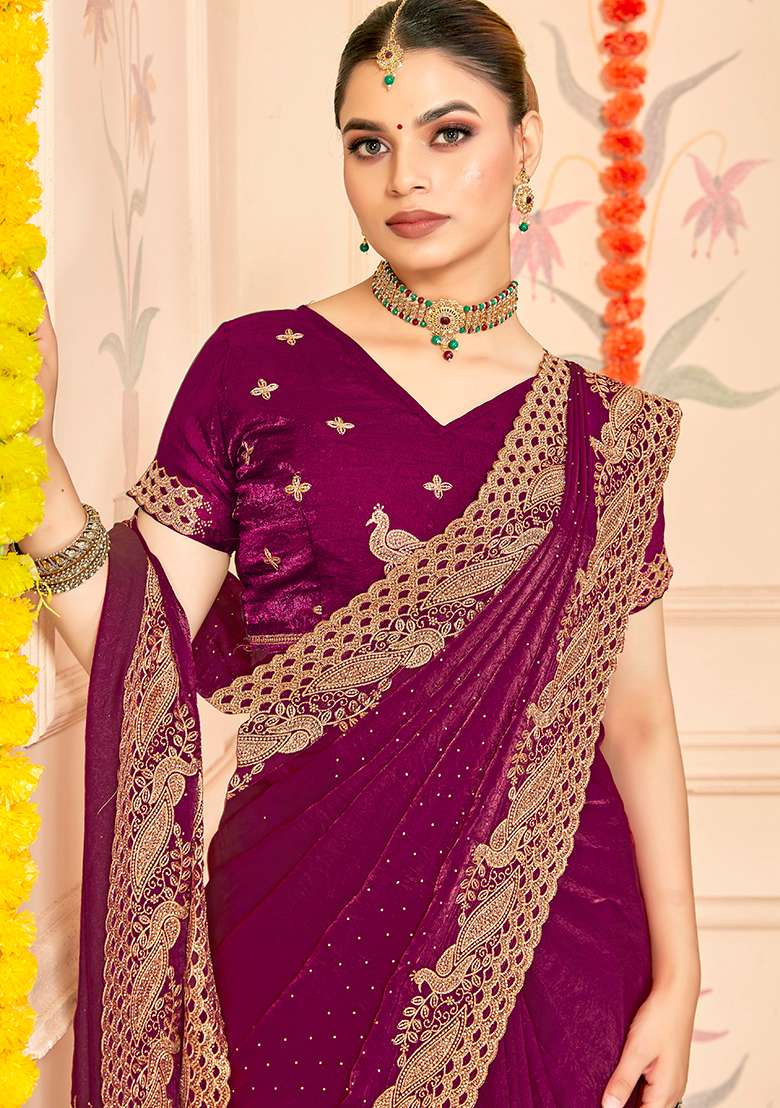 Wine Silk Blend Saree Set with Embroidered for Diwali | Wedding & Festive Wear - Indya