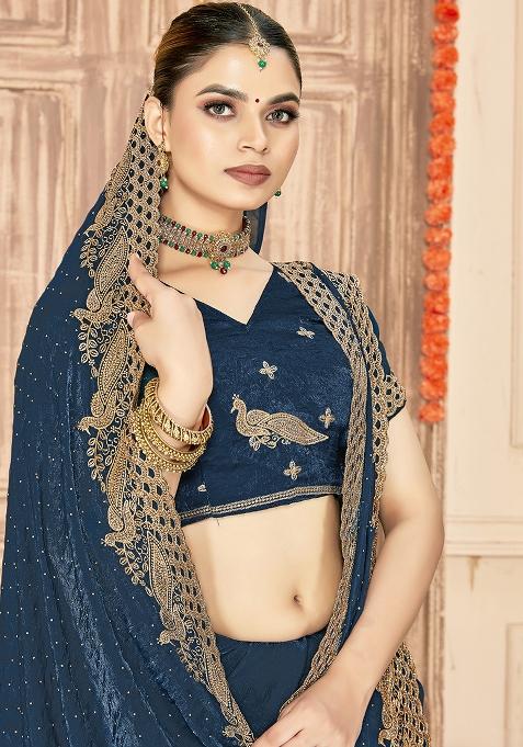 Morpeach Embroidered Silk Saree Set