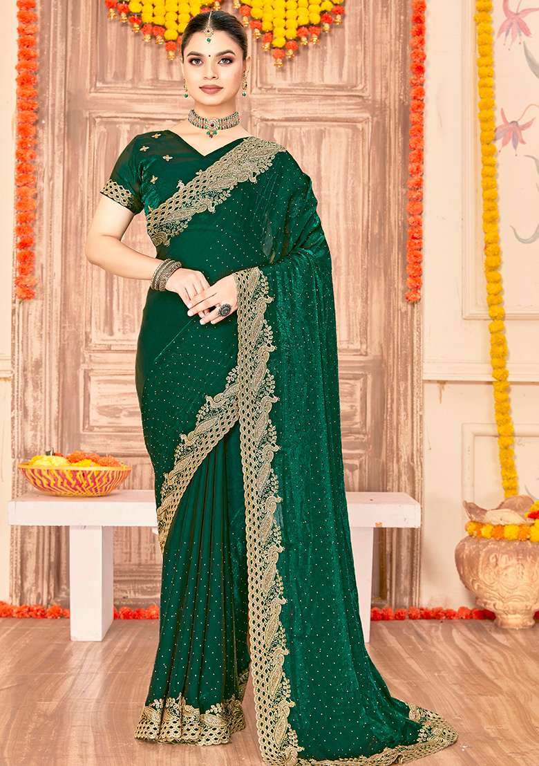 Bottle Green Embroidered Silk Blend Saree Set - Indya