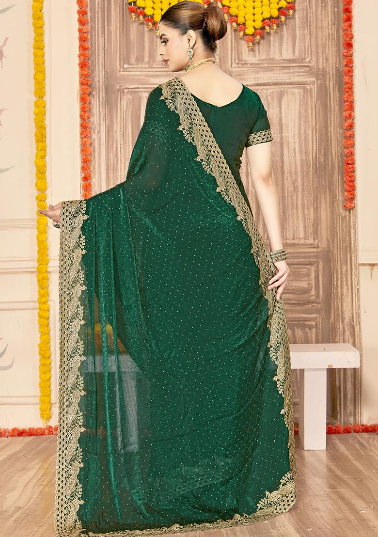 Bottle Green Embroidered Silk Saree Set - Indya