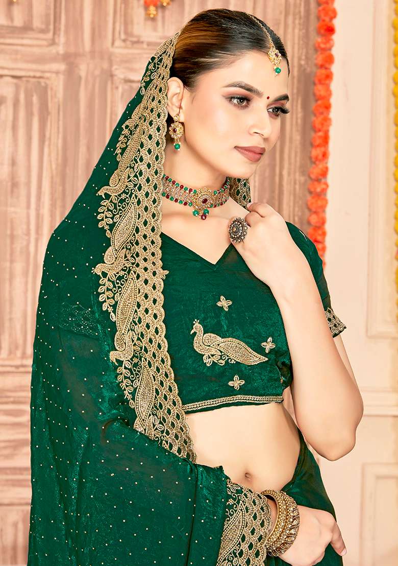 Bottle Green Embroidered Silk Blend Saree Set - Indya