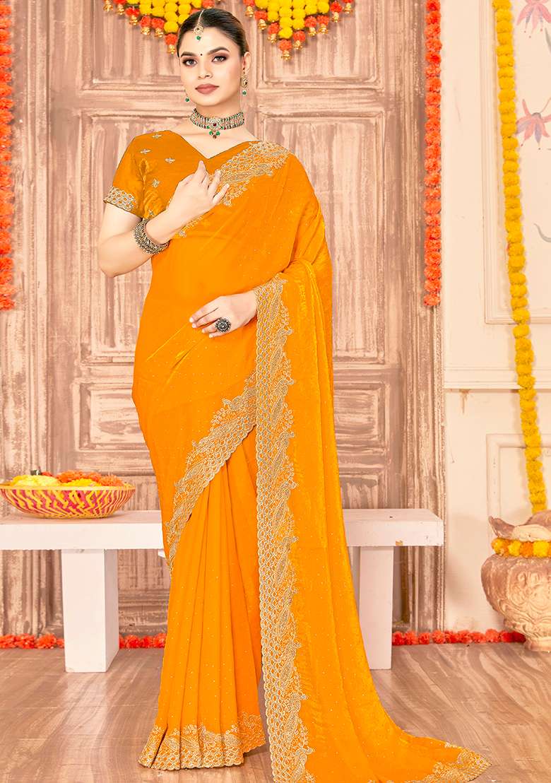 Mustard Silk Blend Saree Set with Embroidered for Diwali | Wedding & Festive Wear - Indya