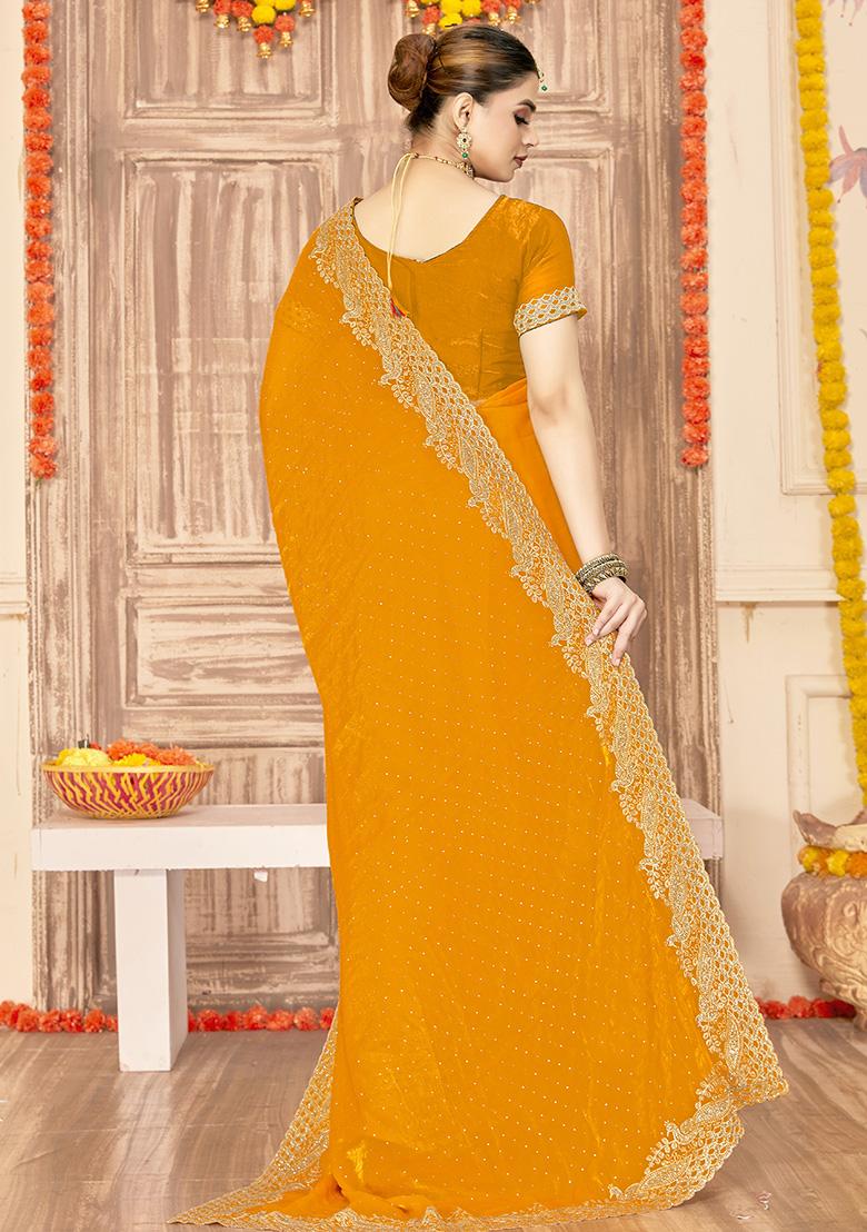 Mustard Embroidered Silk Saree Set - Indya