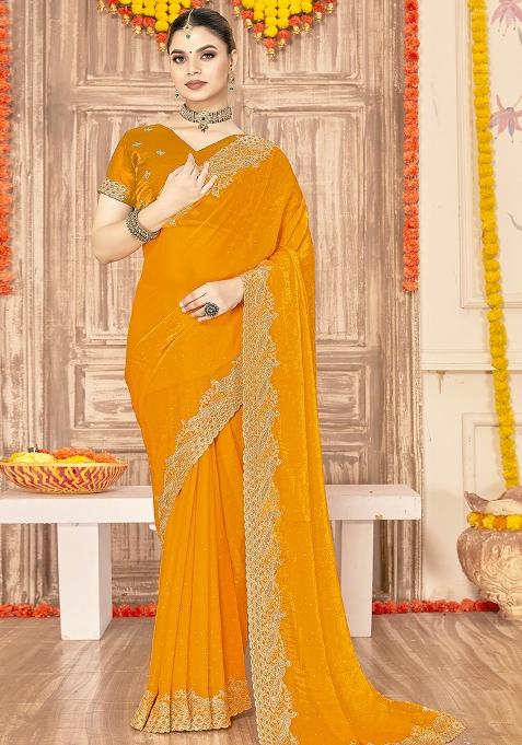 Mustard Embroidered Silk Saree Set