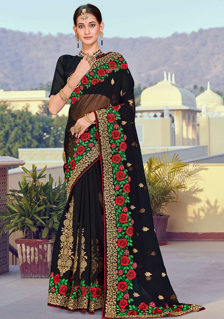 Black Embroidered Georgette Saree Set for Diwali and Festive Wear - Indya