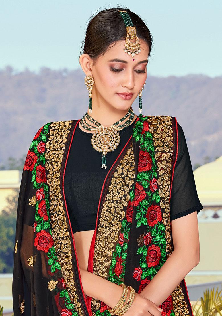 Black Embroidered Georgette Saree Set - Indya
