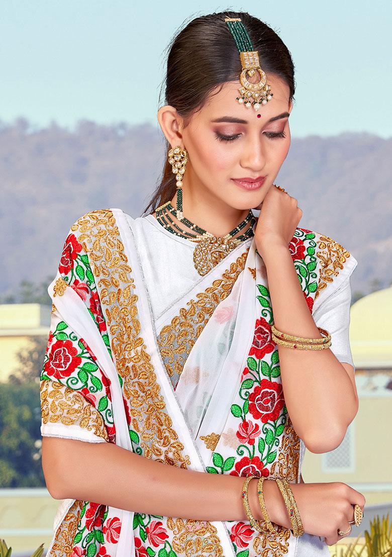 White Embroidered Georgette Saree Set - Indya