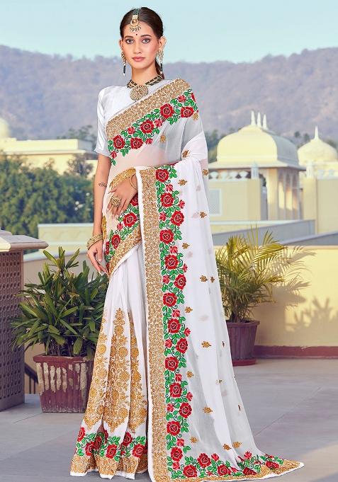 White Embroidered Georgette Saree Set