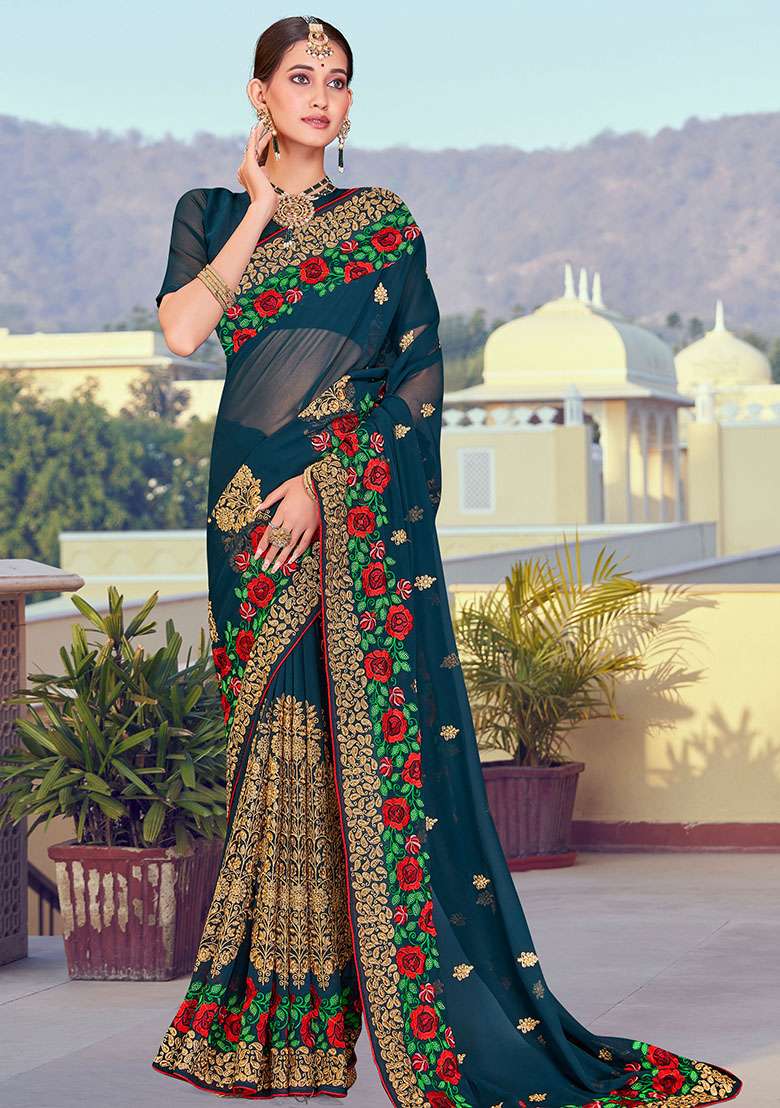 Morpeach Embroidered Georgette Saree Set for Diwali and Festive Wear - Indya