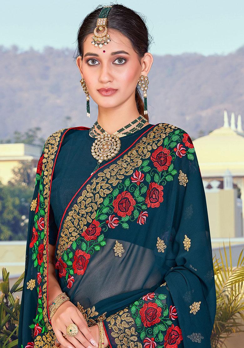 Morpeach Embroidered Georgette Saree Set - Indya