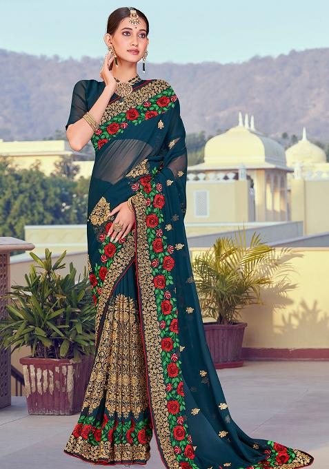 Morpeach Embroidered Georgette Saree Set