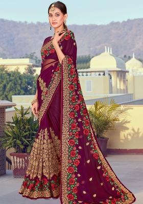 Wine Embroidered Georgette Saree Set