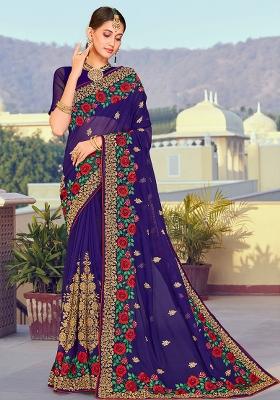 Navy Blue Embroidered Georgette Saree Set