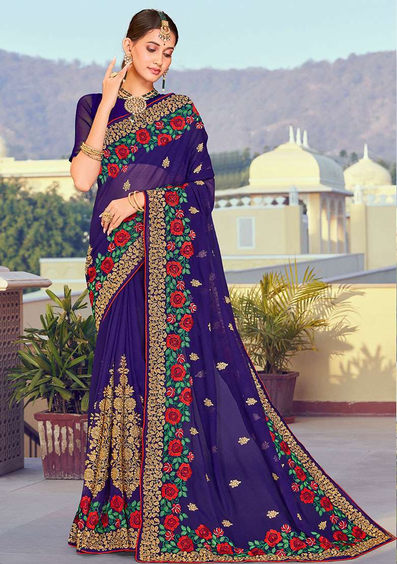 Navy Blue Embroidered Georgette Saree Set for Diwali and Festive Wear - Indya
