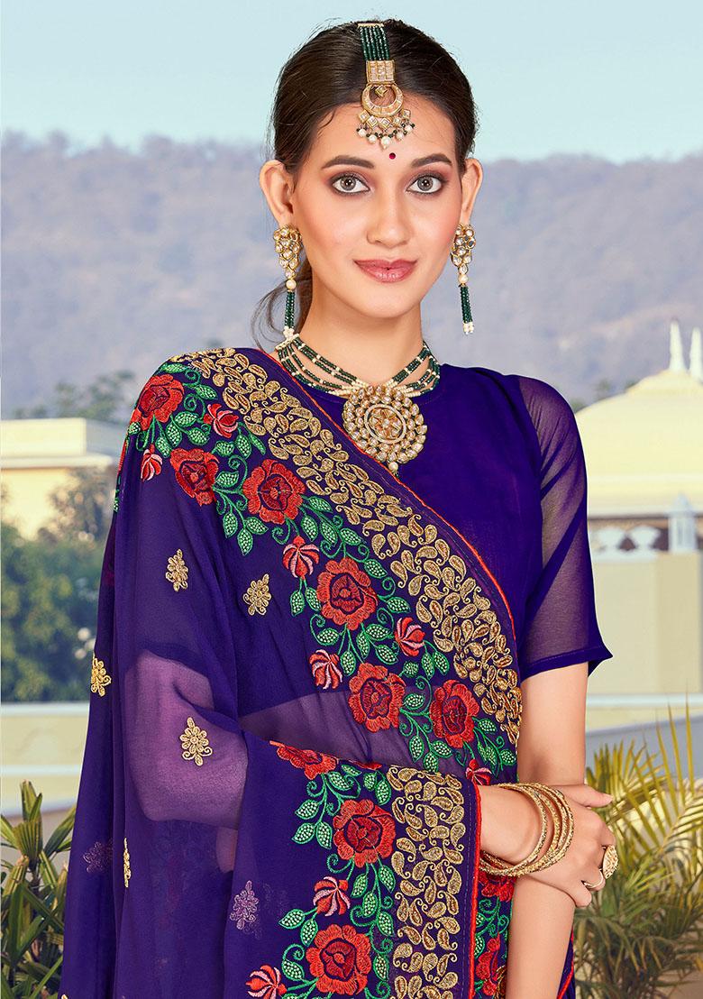 Navy Blue Embroidered Georgette Saree Set - Indya