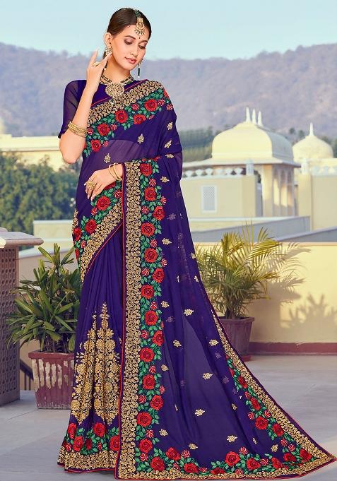 Navy Blue Embroidered Georgette Saree Set