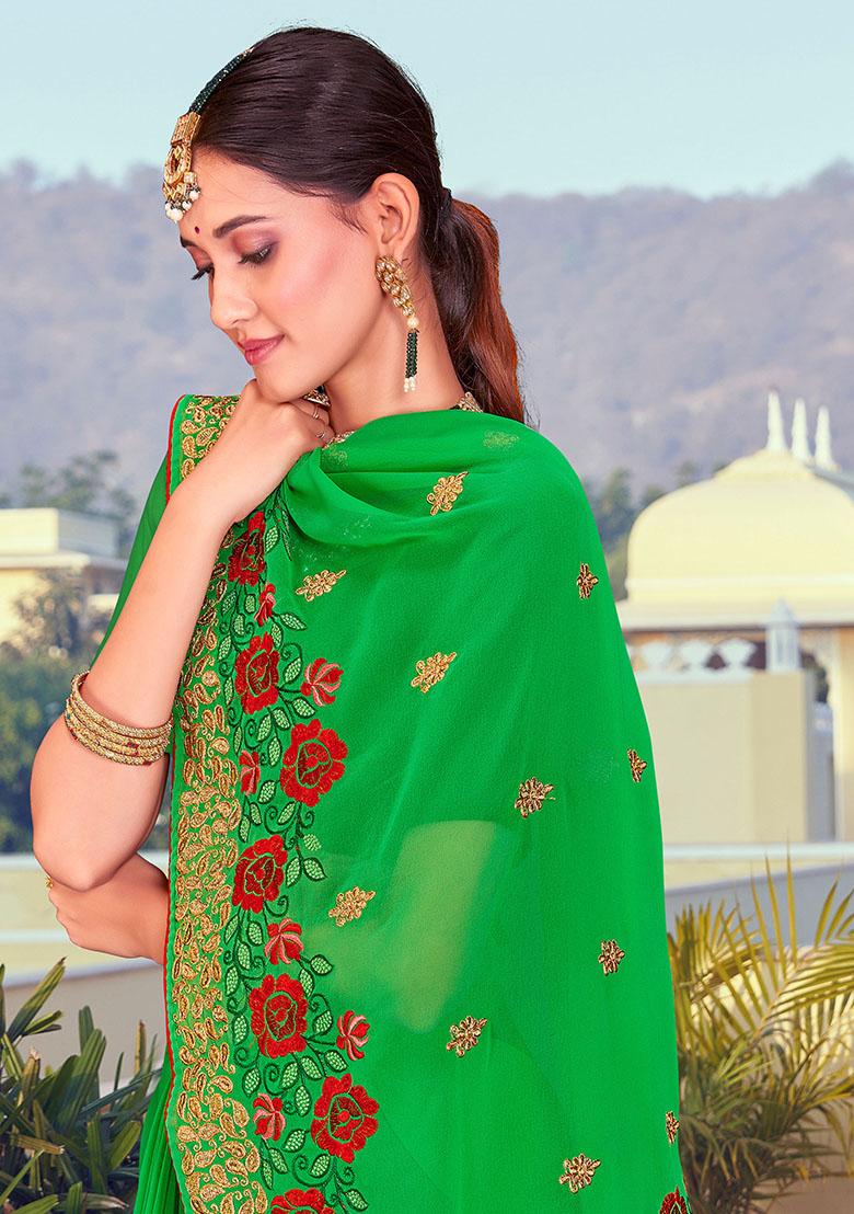 Perot Green Embroidered Georgette Saree Set - Indya