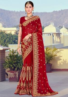 Maroon Embroidered Georgette Saree Set