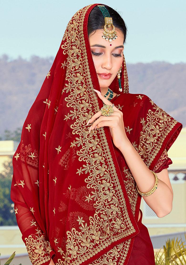 Maroon Embroidered Georgette Saree Set - Indya