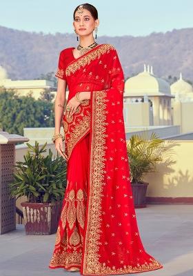 Red Embroidered Georgette Saree Set