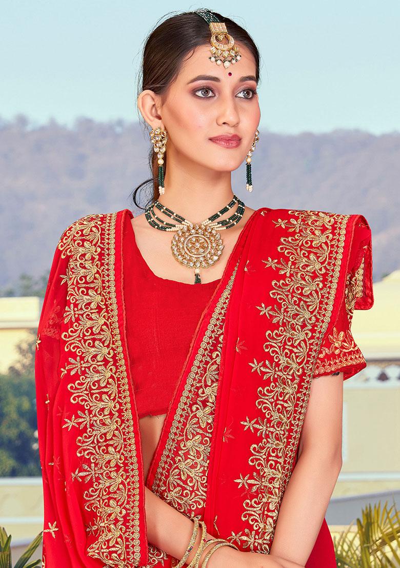 Red Embroidered Georgette Saree Set - Indya