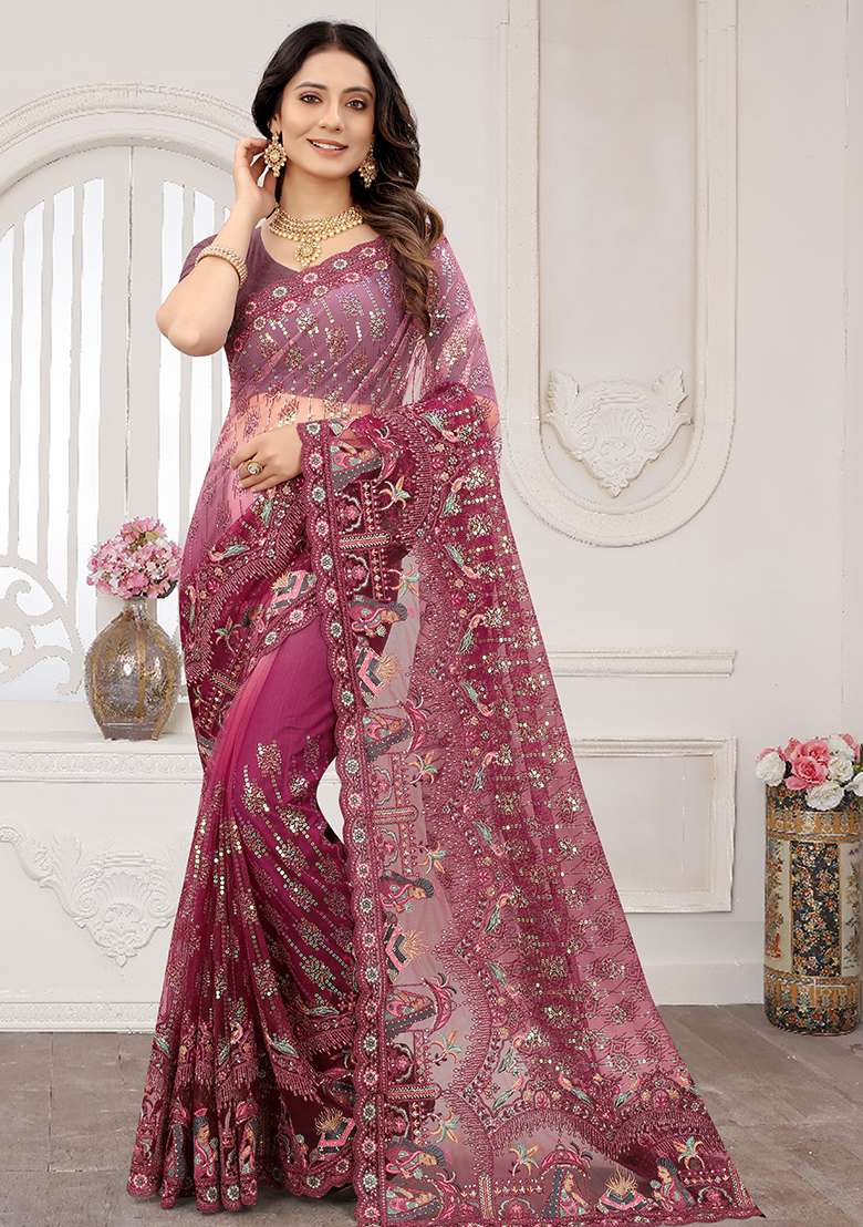 Wine Net Saree Set with Embroidered for Diwali | Wedding & Festive Wear - Indya