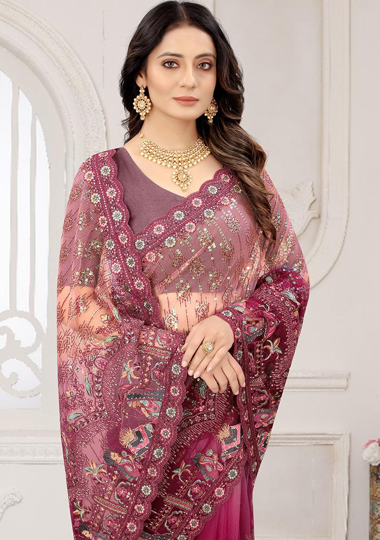 Wine Embroidered Net Saree Set - Indya