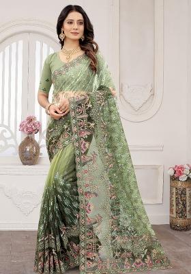 Mehendi Embroidered Net Saree Set