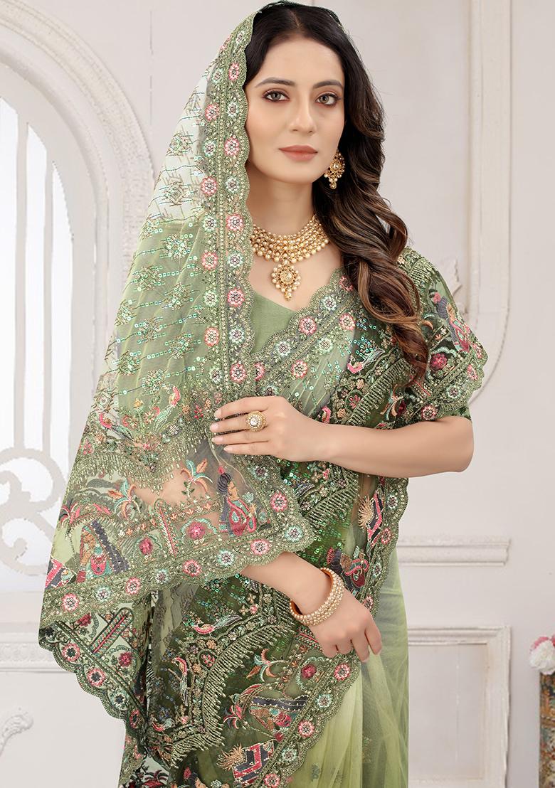 Mehendi Embroidered Net Saree Set - Indya