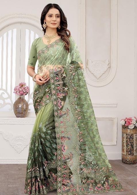 Mehendi Embroidered Net Saree Set