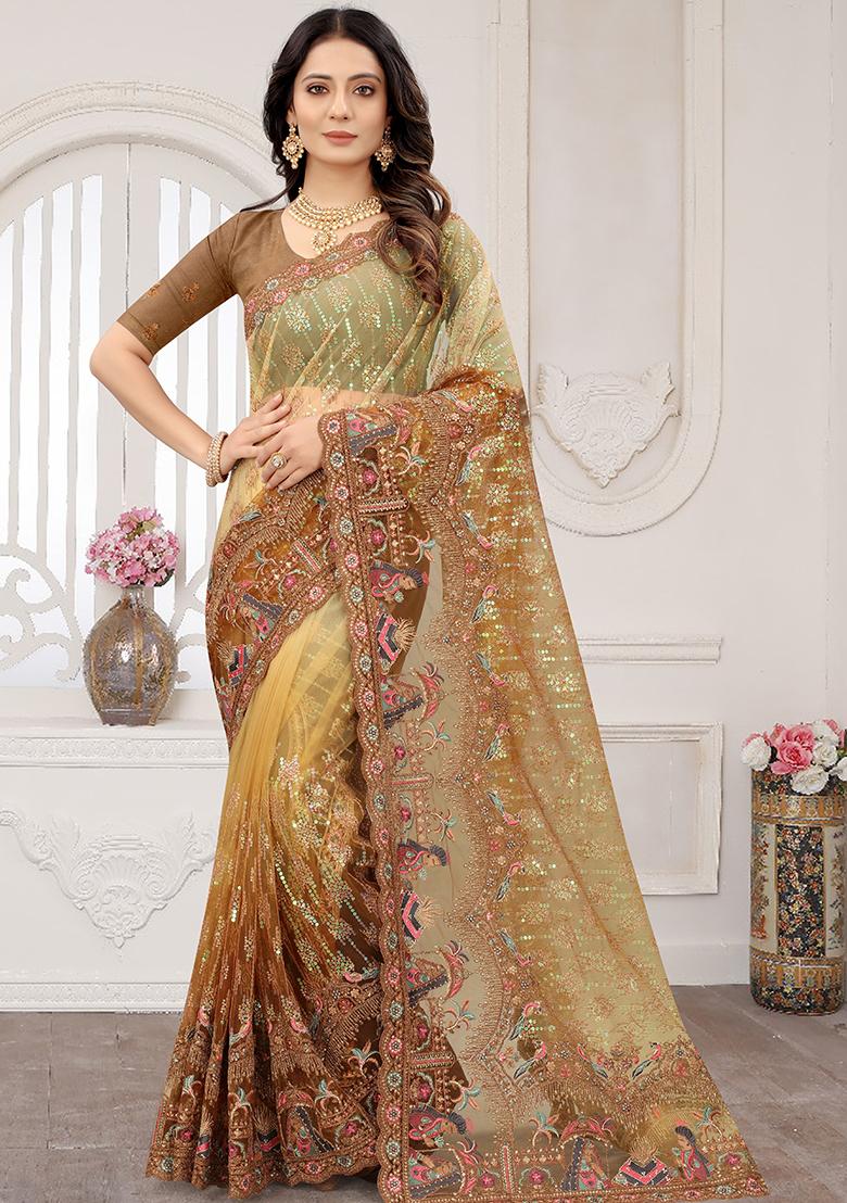 Mustard Embroidered Net Saree Set - Indya