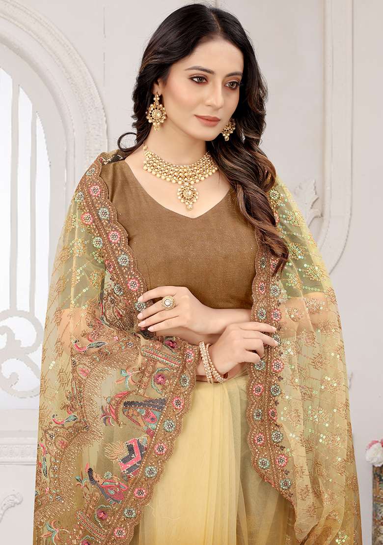 Mustard Embroidered Net Saree Set for Diwali and Festive Wear - Indya