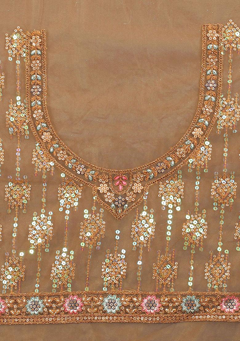 Mustard Embroidered Net Saree Set - Indya