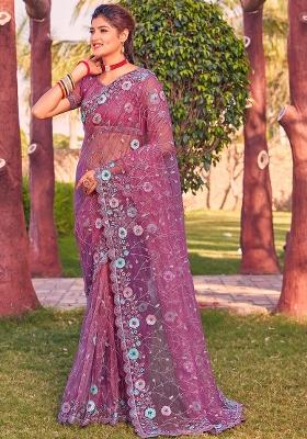 Dusty Gajari Embroidered Net Saree Set