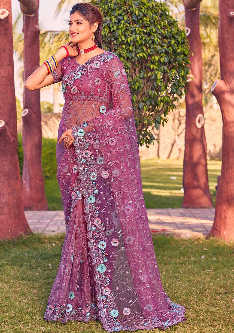 Dusty Gajari Embroidered Net Saree Set for Diwali and Festive Wear - Indya